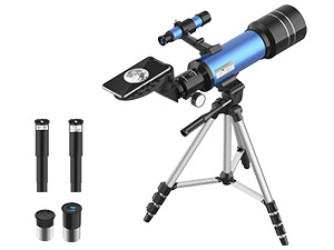 Text reads '40*70 Astronomical Telescope' and 'Enjoy the star of nature, the moon, galaxies.' Telescope on tripod mount photographed against full moon and snowy mountain background.