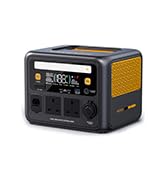 Portable generator with black and yellow coloring, featuring control panel with dials and display screen, compact rectangular design for mobile power generation.
