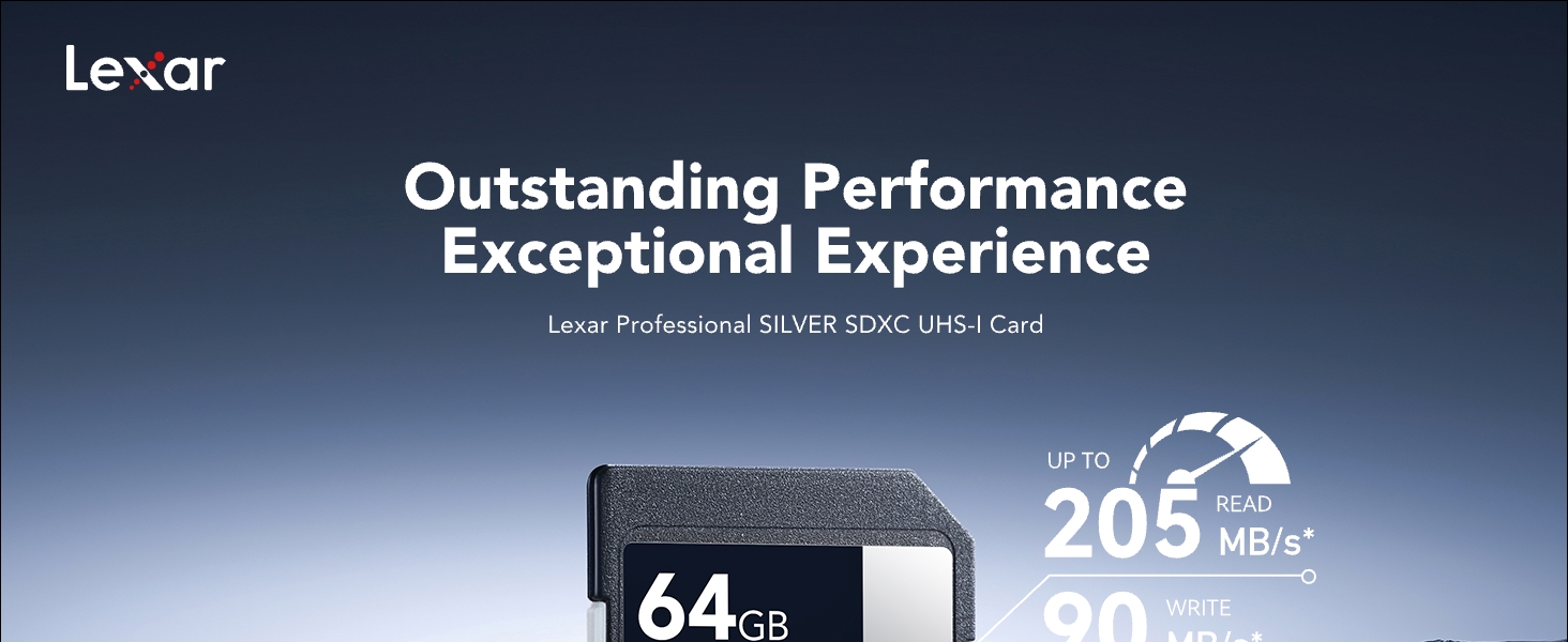 Lexar memory card advertisement showing a 64GB card with read speed up to 205 MB/s and write speed up to 90 MB/s.