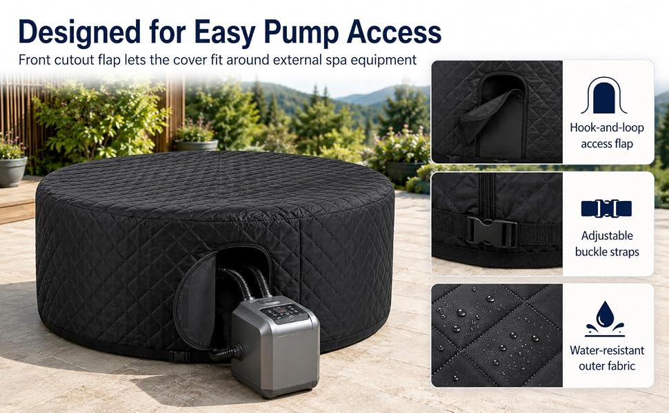 Text reads 'Helps Retain Heat in Colder Weather' with product features listed: 'Quilted cover helps maintain spa temperature and reduce heat loss,' 'Cold weather cover,' 'Spa Protector.' Black insulated spa cover shown on outdoor hot tub in winter setting.
