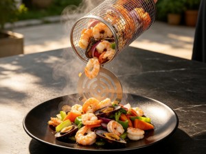 Grilled meat skewers with charred exterior and spiral pattern, cooking over flames on metal grill grates with visible fire beneath.