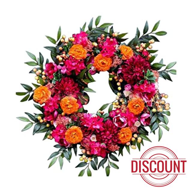 Artificial Summer Wreath 40cm Bright Pink Orange Dahlia Floral Wreath with Berries