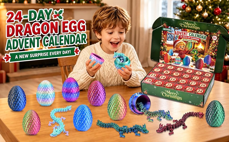 Text reads '24 DAYS DRAGON EGG ADVENT CALENDAR'. Child with colorful textured egg-shaped calendar boxes and purple beads. Christmas-themed advent calendar with dragon egg design.