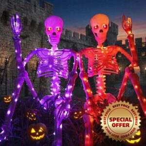 Halloween Decorations Outdoor Skeletons Set - 2 Pack 36" (90cm) Light Up Skeleton with LED Lights & 2 Red Eyes