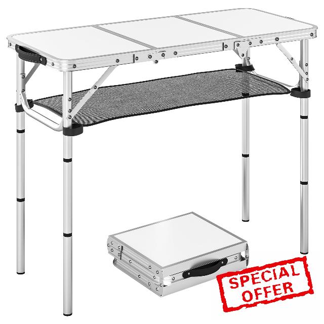 Outsunny 3ft Folding Camping Table with Mesh Storage Layer Cream White                                                          Picnic Table