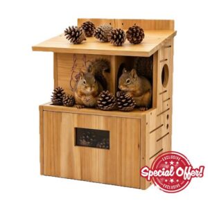 Wooden Squirrel House - Nesting Box & Feeder | Tree & Fence Mount                                                          Solid Wood Construction