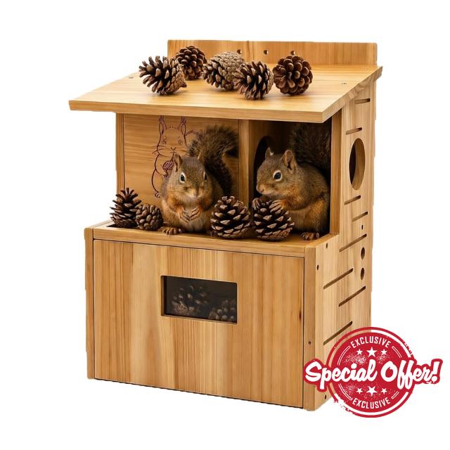 Wooden Squirrel House - Nesting Box & Feeder | Tree & Fence Mount                                                          Solid Wood Construction
