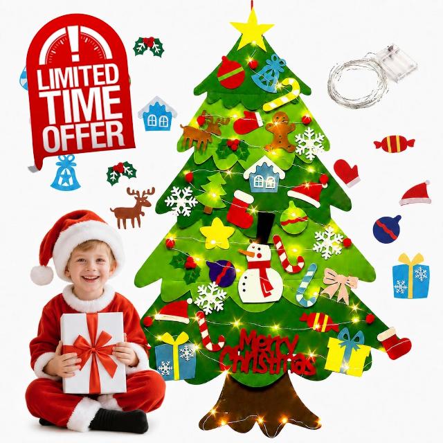 DIY Montessori Felt Christmas Tree with Lights and 32 Ornaments                                                          Wall Hanging