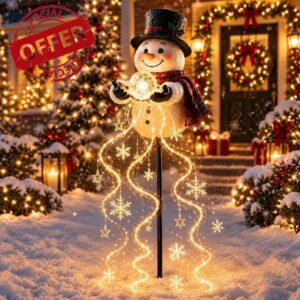 Snowman Magic Fountain - Flowing Snowflake LED Christmas Garden Light (1pc)                                                          Solar Powered Snowman Stake Light with Warm Glow