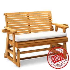 VINGLI Wooden Glider Bench with Seat Cushion & Cup Holders