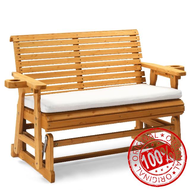 VINGLI Wooden Glider Bench with Seat Cushion & Cup Holders