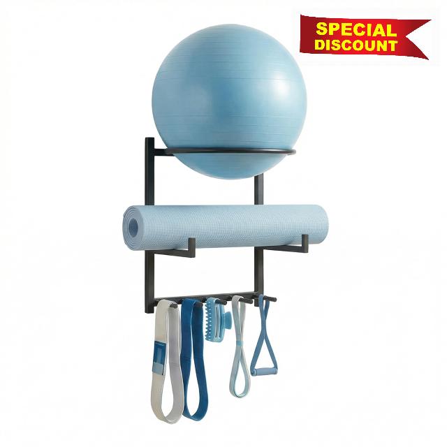 Wall Mounted Yoga Ball and Mat Holder – Home Gym Storage Rack Organizer                                                          Fits 55–75cm Stability Balls with 5 Hooks for Bands & Workout Gea