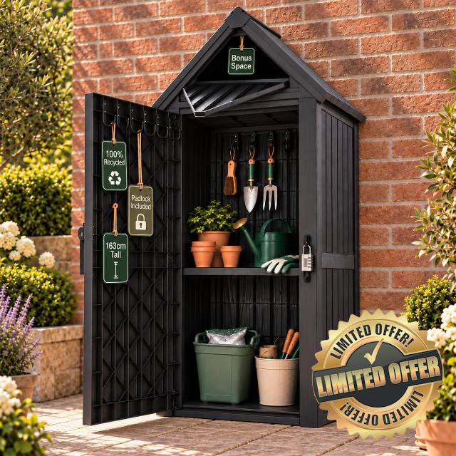 Olsen & Smith 163cm Plastic Garden Shed – Maintenance Free Tool Store 5FT                                                          Padlock in the box – 140cm clear inside – shelf