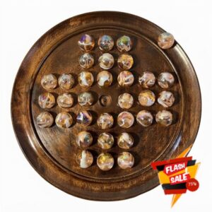 30cm Dark Mango Wood Solitaire Game with 33 Pink Glass Swirls                                                          With PINKY GLASS MARBLES | |classic wooden solitaire | strategy board game | family board games