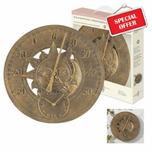 Retro Garden Wall Clock with Thermometer Sun & Moon Design Bronze Finish                                                          Weather-Resistant Indoor & Outdoor Decorative Clock