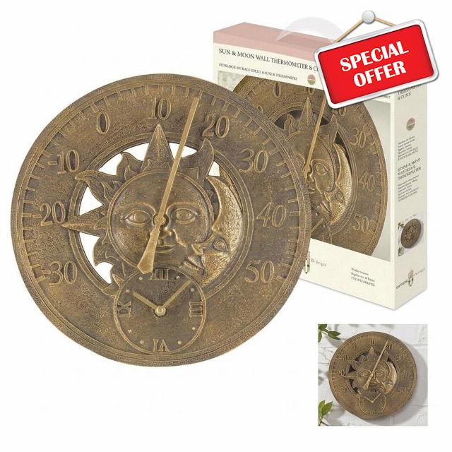 Retro Garden Wall Clock with Thermometer Sun & Moon Design Bronze Finish                                                          Weather-Resistant Indoor & Outdoor Decorative Clock