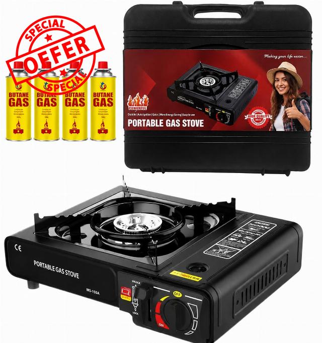 OptiProducts Portable Camping Stove with Carry Case & 4 Butane Gas Canisters – Black Single Burner Gas Cooker