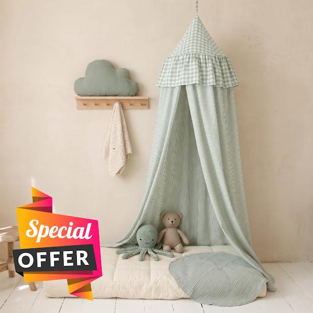 Breling Sage Green Plaid Bed Canopy with Ruffles