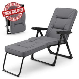 Multigot Folding Sun Lounger with Padded Cushion (Grey)                                                          Outdoor Chaise Lounge Chair with Adjustable Backrest & Armrests