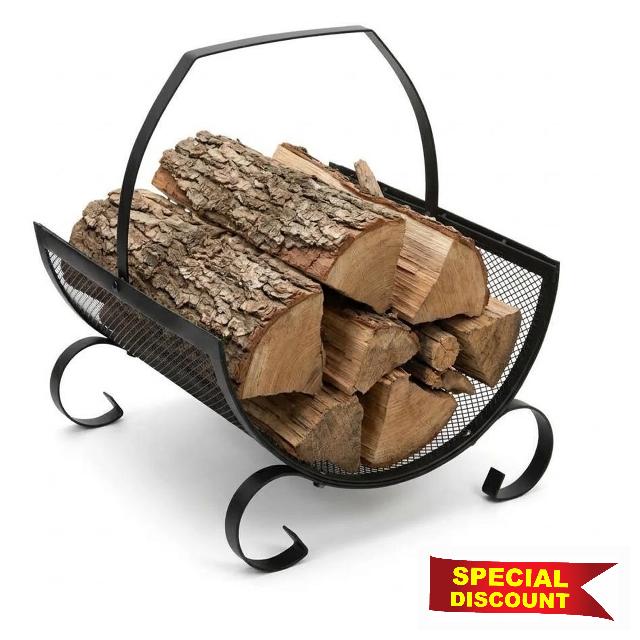 Heavy Duty Steel Log Holder Indoor & Outdoor Storage Rack Curved Design                                                          Large Capacity With Carry Handle Black Powder Coated Quality Finish