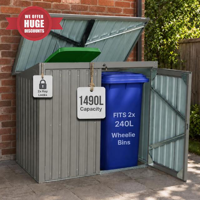 Olsen & Smith 1490L 3x5ft Metal Wheelie Bin Storage Shed for 2x 240L Bins                                                          Galvanised Steel