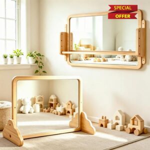 3-in-1 Montessori Baby Mirror with Pull-Up Bar & Shelf