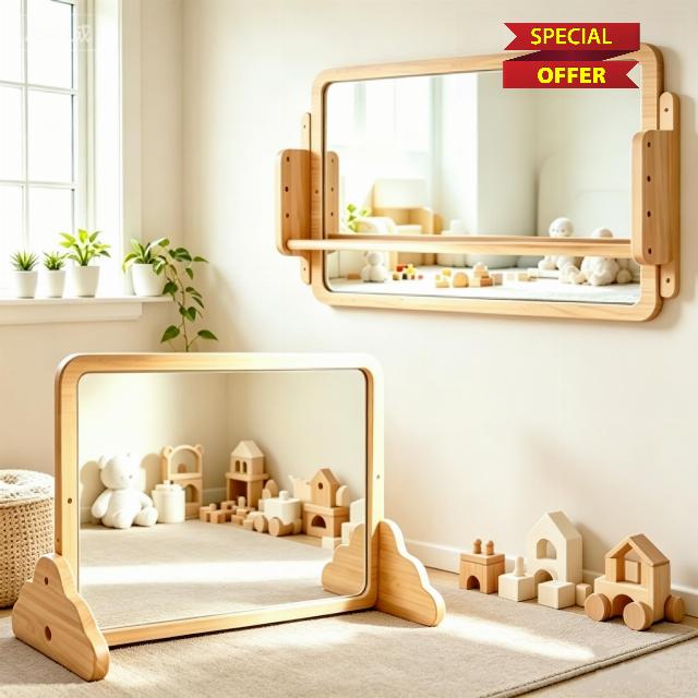 3-in-1 Montessori Baby Mirror with Pull-Up Bar & Shelf