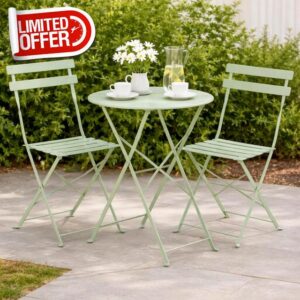 Strong Foldable Sage Green 3 Piece Bistro Set – Metal Folding Garden Table and Chairs Set of 2 – Weather Resistant Outdoor Furniture For Patio