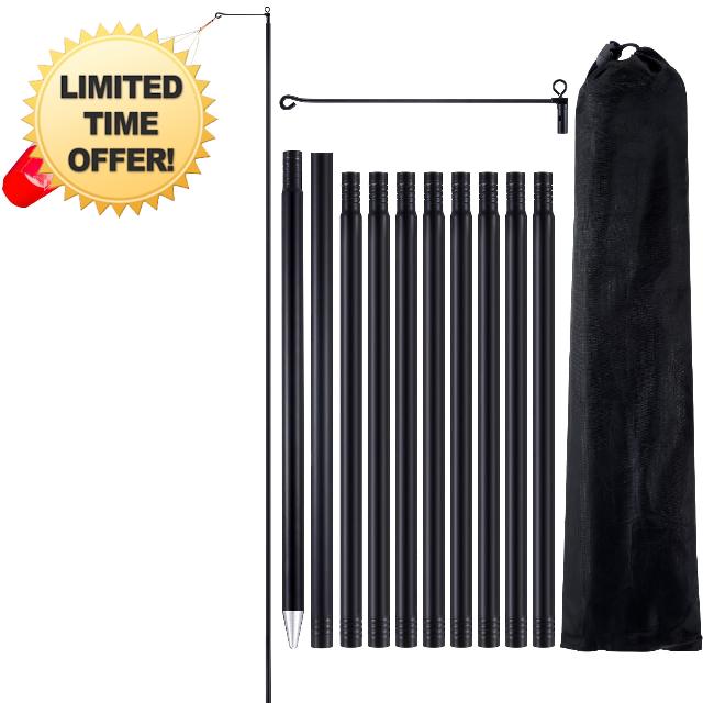13 ft Windsock Pole 6-Section Flagpole with Swivel                                                          Swiveling Eyelet at Top with Detachable Swiveling Arm
