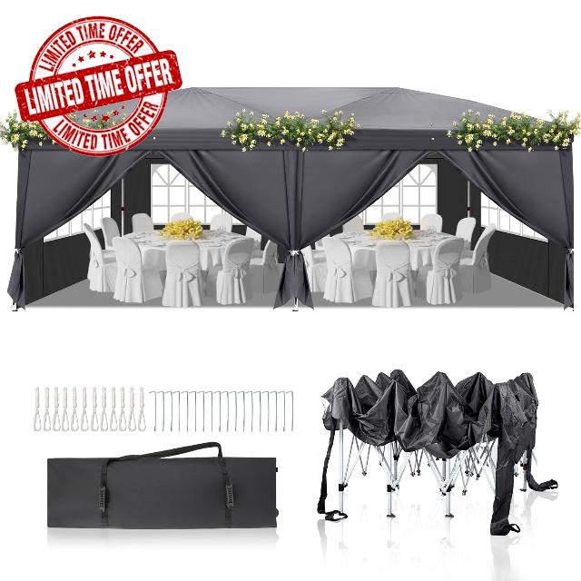 3×5m Pop Up Gazebo with 6 Sidewalls 4 Windows Folding Canopy Tent Dark Grey                                                          Folding Canopy Party Tent Marquee
