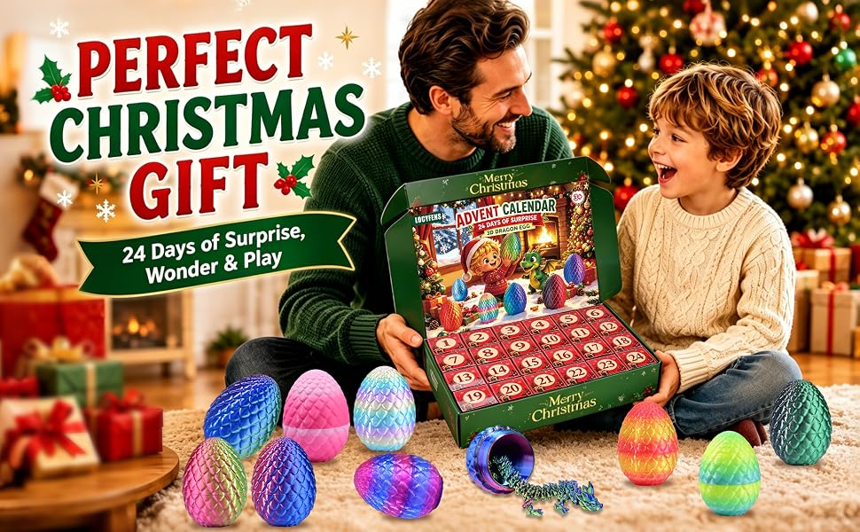 Text reads 'PERFECT CHRISTMAS GIFT' and '24 DAYS OF SURPRISES'. Adult and child opening advent calendar box with colorful sensory toys and fidget items displayed below.
