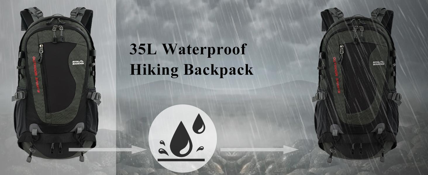 Text reads "35L Waterproof Hiking Backpack" with water droplet icon. Black backpack displayed from front and back views showing multiple compartments and straps designed for outdoor hiking with waterproof protection.
