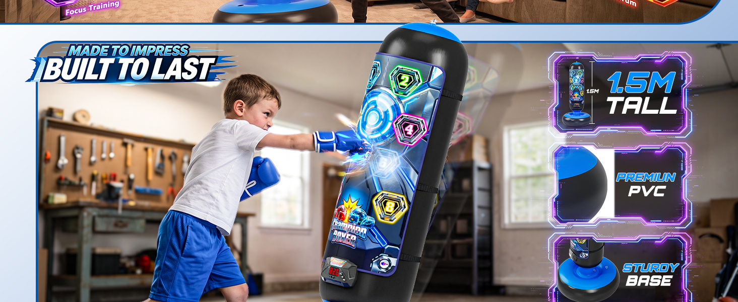 Text reads 'PUNCHING BAG GAME'. Indoor entertainment venue showing neon-lit interactive punching bag arcade game stations with illuminated signs, people playing, and multiple game installations visible.