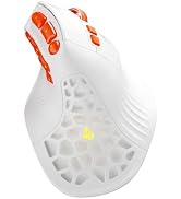 Black ergonomic gaming mouse with honeycomb perforated design, cyan accent lighting on side, contoured shape for right-hand grip, featuring textured surface.