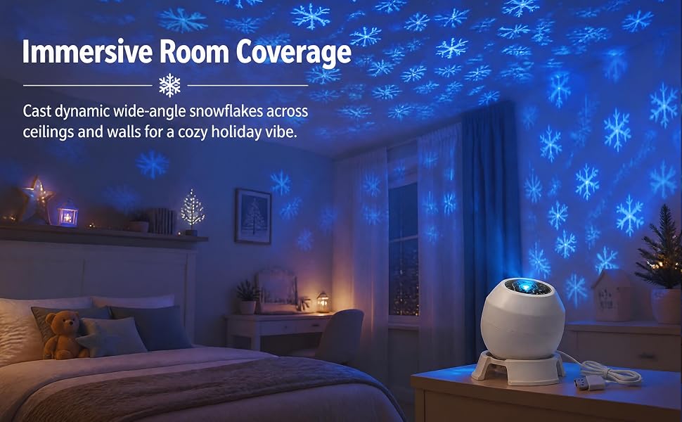 Text reads 'Peaceful Bedtime Companion' with features labeled 'CONNECT', 'POINT', and 'ENJOY'. Bedroom display shows a spherical white light projector and stuffed animal on nightstand against blue starry background with product feature icons.