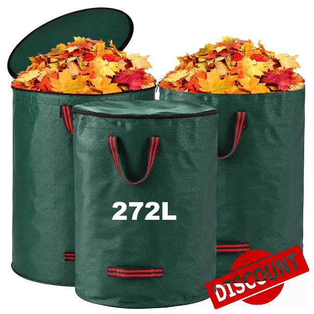 3 Pack Garden Waste Bags 272L Heavy Duty Refuse Sacks Waterproof                                                          Reusable with Handles & Zippered Lid