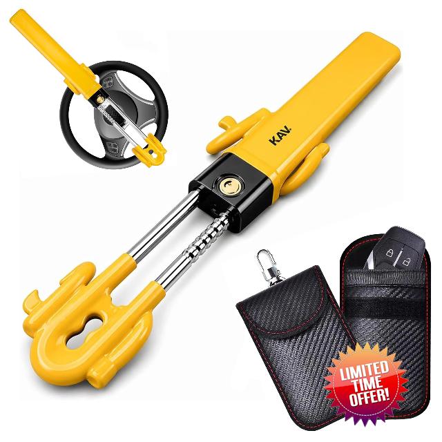 KAV Steering Wheel Lock with Faraday Key Fob Protector Pouch - Twin Bar Anti Theft Car Lock with RFID Signal Blocking Key Bag - Heavy Duty Universal Vehicle Security for Cars Vans SUVs