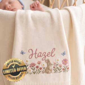 Personalized Baby Blanket with Name for Girls - Custom Embroidered Bunny