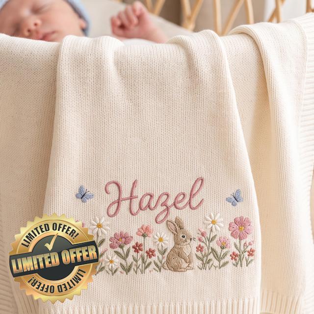 Personalized Baby Blanket with Name for Girls - Custom Embroidered Bunny