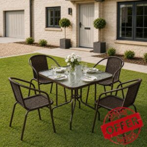 5 Piece Garden Dining Set | Outdoor Patio Table with 4 Chairs | Tempered Ripple Glass Top | Powder Coated Steel Frame | Weather Resistant Garden Furniture | Brow