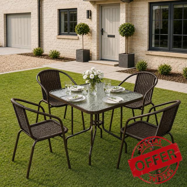 5 Piece Garden Dining Set | Outdoor Patio Table with 4 Chairs | Tempered Ripple Glass Top | Powder Coated Steel Frame | Weather Resistant Garden Furniture | Brow