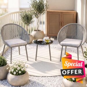 Guyii Patio Bistro Set Woven Chairs with Round Glass Table