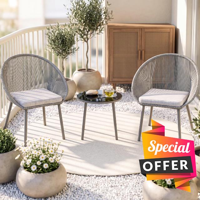 Guyii Patio Bistro Set Woven Chairs with Round Glass Table