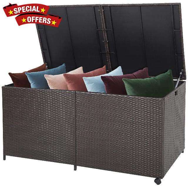 COSTWAY 660L Rattan Garden Storage Box with Wheels & Zippered Liner                                                          Waterproof Deck Box with Pneumatic Rod and Handles