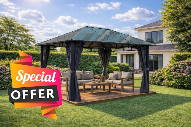 3x4m Garden Gazebo Polycarbonate Roof with a Black Frame and Grey Curtai