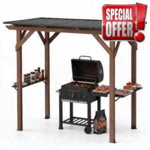 TANGZON Cedar Wood BBQ Gazebo with Metal Roof