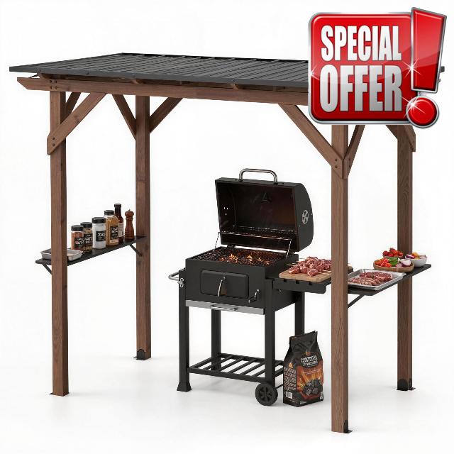 TANGZON Cedar Wood BBQ Gazebo with Metal Roof