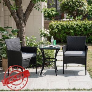 3 Pieces Black Rattan Bistro Set for 2 Garden Table and Chairs                                                          All-weather Rattan Patio Furniture Set | Tempered Glass Table | Machine-Washable Grey Cushions | Fits Patio Balcony & Garde