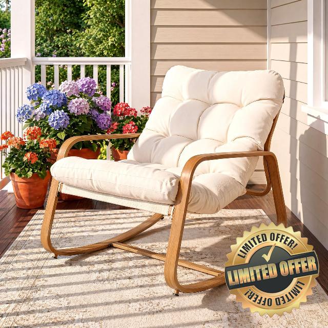 Rocking Chair with Thick Cushion Outdoor Indoor                                                          Premium Iron Wood Grain Patio Papasan Rocker