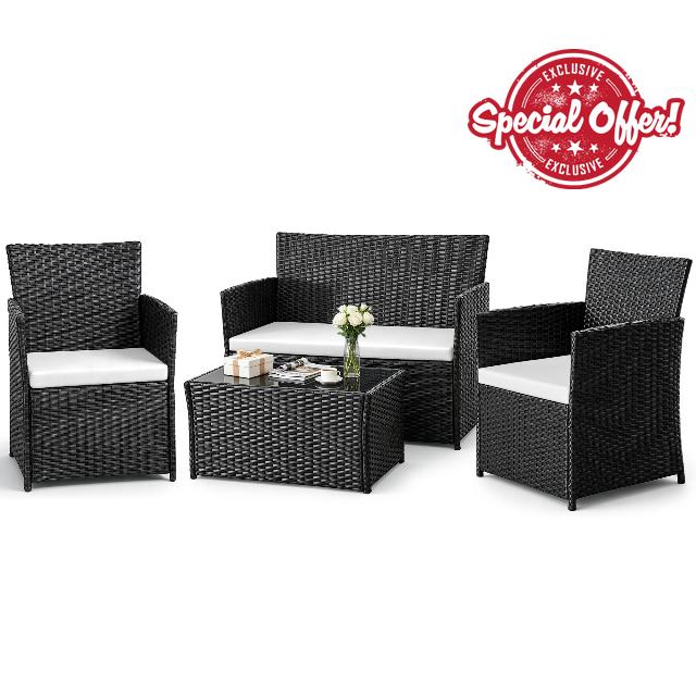 4pc Black Rattan Garden Set with Beige Cushions for Patio                                                          Weather-resistant for Britain; Rust-proof Steel Frame; Tempered glass top; Zip-off